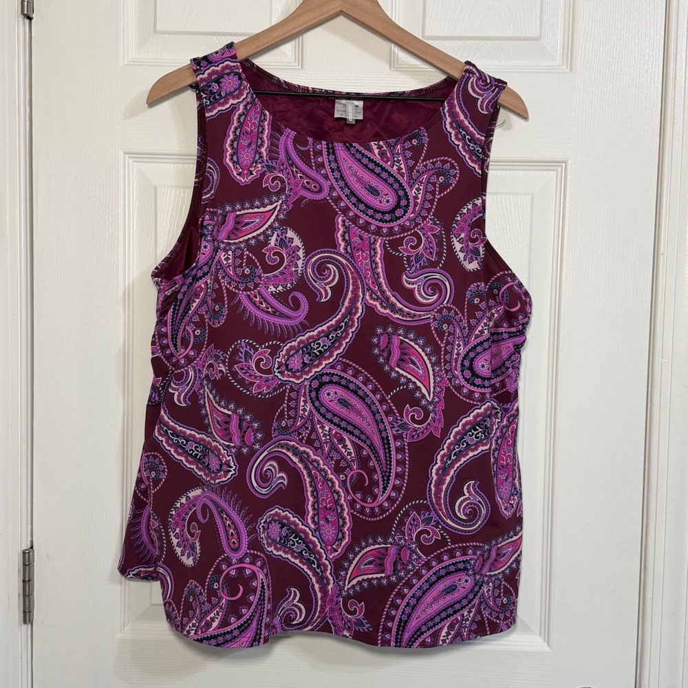 Lands End Paisley Swim Tankini Top Shelf Bra Burgundy Pink 22W plus size